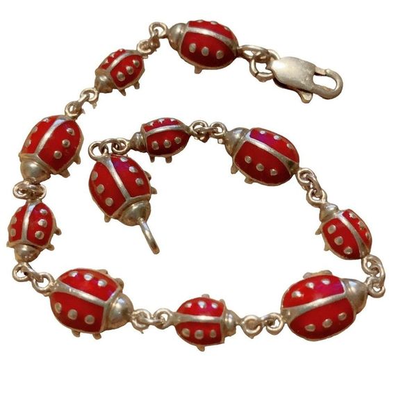 Unbranded Jewelry - Enamel LADYBUG & STERLING Silver Link BRACELET 7.75” Inches Long
